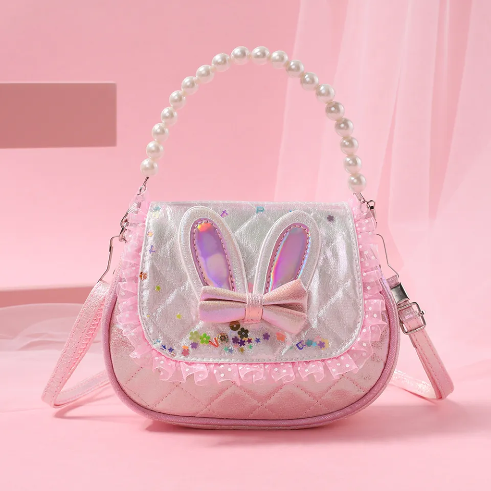 Children's Mini Bag Pink Cute Kid Bag Fashion Crossbody Arm Pearl Portable  Sequin Rabbit Ears Girl Handbag For Girls