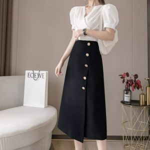 Váy Công Sở Chữ A dáng dài màu đen phối cúc VannhShop CV0068