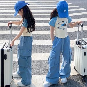 Korean Style Cargo Pants for Kids Girls Baggy Trousers Wide Leg Pants Multi-pocket Drawstring Pants Casual Street Jogging Pants 7-16yrs
