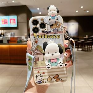 for Samsung Galaxy A05 A05S A54 A34 A24 A15 A14 A24 A54 A73 A53 A33 A23 A13 S23 S24 S20 S21 FE S22 Plus Note 20 Ultra A03S A02S A02 A03 Pochacco Papa Mirror Strap Phone Case