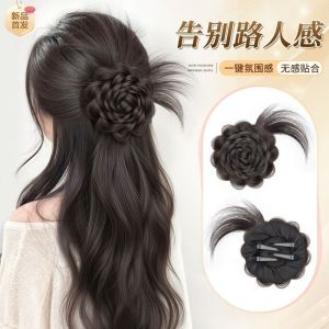FSDRD Synthetic Braided Hair Clips Wig Elegant Hand-Woven Flower-Shaped Hairpieces Sweet Fluffy Flower Bun Head Wig for Women