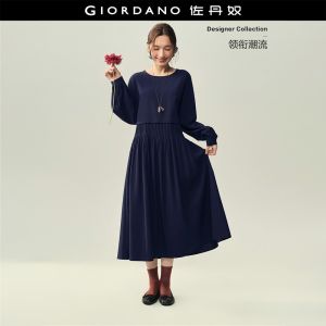 Giordano Women Round neck gathered waist maxi dress Free Shipping 18466827