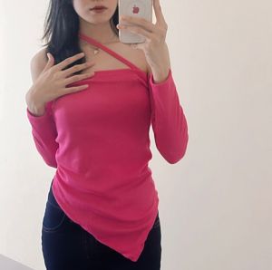 Sabrina Top Blouse Knit Tali Silang | Off Shoulder Blouse Knit Assymetric Lengan Panjang