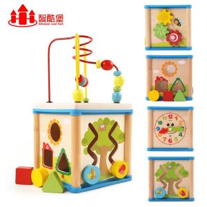 Multifunctional Wooden Bead Maze Sorter Busy Box Learning Shape Color Time Motor Skill Early Education Baby Toy-T005
