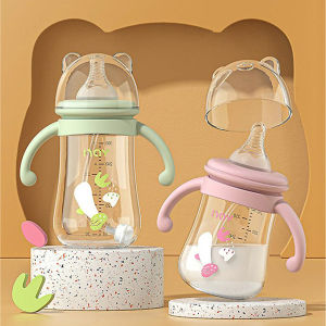 JUNCHUANG ขวดนมสำหรับเด็กวัสดุซิลิโคนขนาดเส้นผ่าศูนย์กลางกว้างพร้อมที่จับ ขวดนมป้องกันท้องอืดและล้มฟรี BPA ทำความสะอาดง่าย