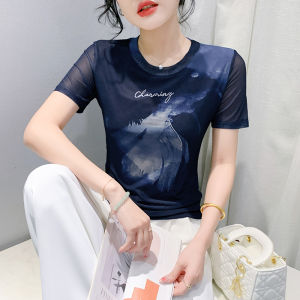 YIMEI Fashionable Tie Dyed Womens T-shirt Short sleeved Summer New Round Neck Mesh Top Tight and Versatile Pullover