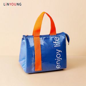 Linyoung Túi đựng đồ ăn trưa chống nước bằng PU Mới Túi đựng đồ Bento cho sinh viên đơn giản 3 lớp Túi đựng đồ ăn trưa chất liệu dày túi cách nhiệt cho nữ