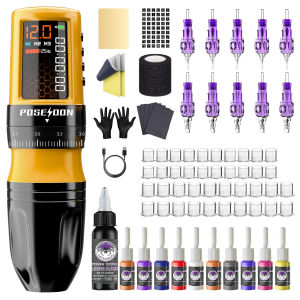 POSEIDON Tattoo Pen Kit – Wireless Tattoo Machine with 10pcs Tattoo Needle Cartridges Digital LED Display and 2300mAh High-Capacity Power Supply for Artist