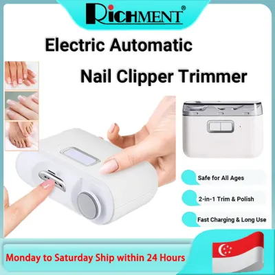 RICHMENT 2-in-1 Electric Automatic Nail Clipper Rechargeable Fingernail Grinder Cutter for Baby Adults Seniors Heavy Duty Manicure Polisher with Safety LED for Trimming & Polishing Nails