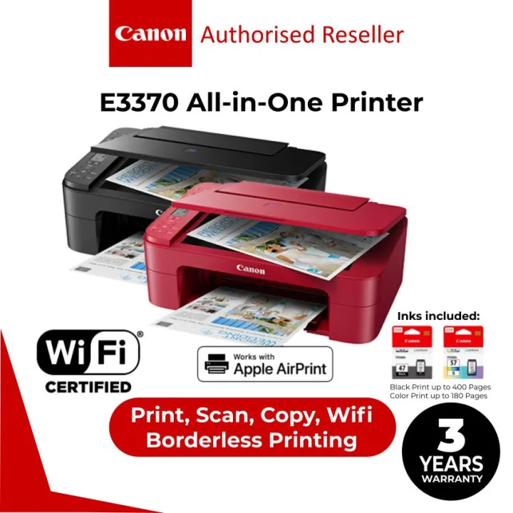 CANON Pixma E3370 Compact Wireless All-In-One Printer (Print, Scan, Copy, Wireless)