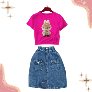 SETELAN ROK JEANS PANJANG SAKU DEPAN ANAK PEREMPUAN MOTIF LABUBU