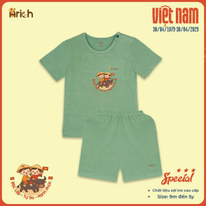 Bộ cộc tay cài vai trẻ em Arichmùa hèvải sợi tre in Em bé yêu nước cho bé traigái từ 9 th-6 tuổi