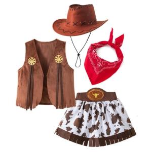 Girls Cowgirl Costume 4 Piece Set Western Styles Role Play Outfit Hat Vest and Short Skirt Scarf For Stage Shows
