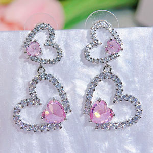 SEQUITO Delicate White Gold Plated Jewelry Micro Pave Tiny Bling AAAAA Cubic Zirconia Setting Pink Heart Stone Long Drop Earrings for Wedding Party SE909
