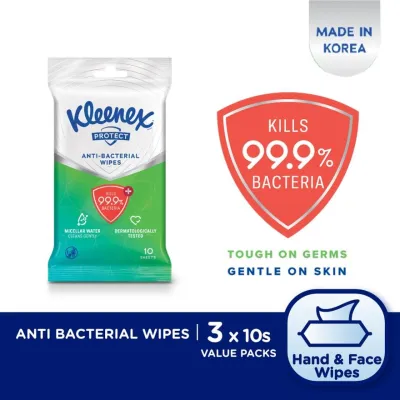KLEENEX Hand & Face Protect Antibacterial Multipurpose Disinfecting Wet Wipes (10s x 3 packs)