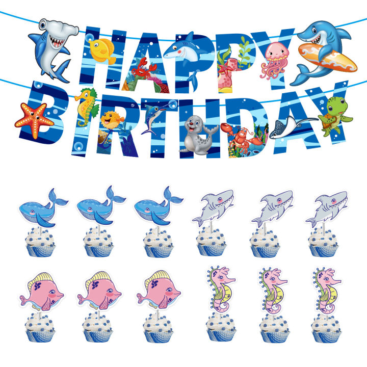 Ocean Party Shark Theme Happy Birthday Banner Undersea Party Decoration 