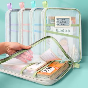 L-Shape Zipper Mesh File Bag Large Opening Handheld Document Pouch Student Stationery Organizer