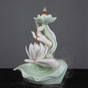 Backflow Incense Burner Lotus Incense Stick Holder Creative Celadon Ceramic Fountain Incense Holder Incense Sticks Home Decor 佛手莲心 陶瓷香炉 倒流香炉