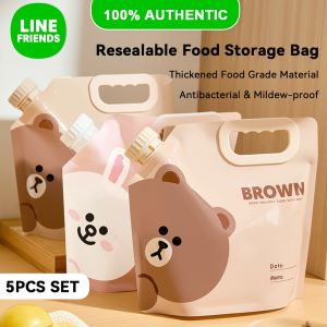 (Bundle of 5)100% Authentic Line Friends Resealable Food Storage Bag Heat Resistant Reusable Sealed Bag Fresh-keeping Bag Food Grade Material Household Thickened Plastic Refrigerator Storage Bag BROWN CONY LFB139