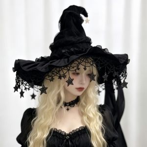 BMFUEW Bow Ribbon Halloween Hat Lace Star and Moon Pendant Wizard Cap Party Headwear Gothic Lolita Witch Hat Halloween Party