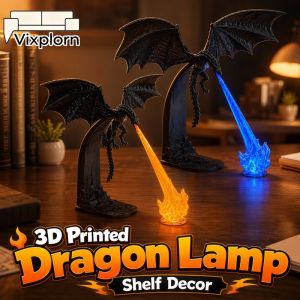 Vixplorn 3D Printed Dragon Flame Book Nook Lamp Adjustable Brightness Shelf Desk PC Case Decor Ornament
