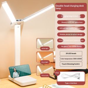 Dormitory Study Lamp USB Rechargeable Double-head LED Desk Light 3 Level Brightness with Phone Holder Pen Holder