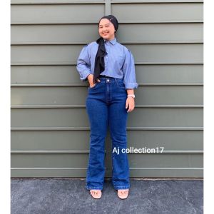 celana jeans wanita cutbray bahan strit melar highwaist jumbo
