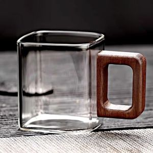 OKDEALS01 Heat-resistant Glass Coffee Mug Thicken Wooden Handle Teacup Minimalist Mini Breakfast Milk Cup Home Use