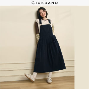 GIORDANO Women Dresses 100% Cotton Flower Embroidery Overall Dresses Fashionable Casual Pleated Overall Midi Dresses 18466209