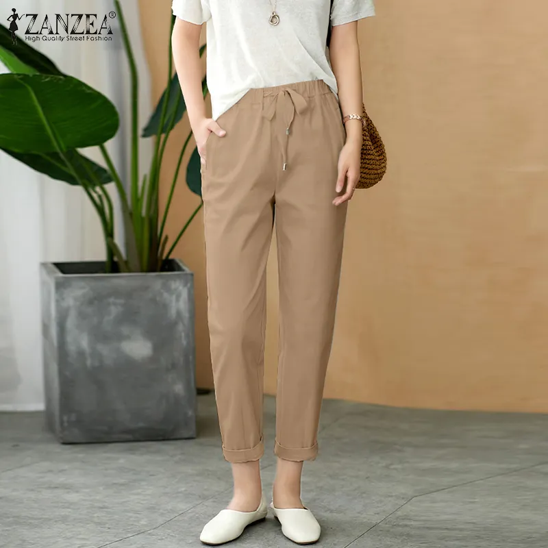 ZANZEA Womens Casual Loose Elastic Waist Trousers Office Work Skinny Solid  Pants #8