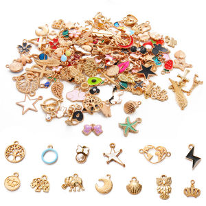 10Pcs Random Mix Alloy Drop Oil Charms KC Gold Animals Fruits Pendant Beads For Bracelets Earrings Making DIY Fashion Women Jewelry Findings Accessories