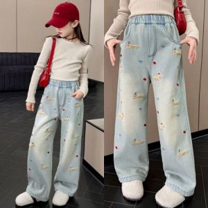 Sweet Girl Jeans Pants for Kids Puppy Korean Maong Jeans Pants for Teens Girl Denim Wide-leg Pants