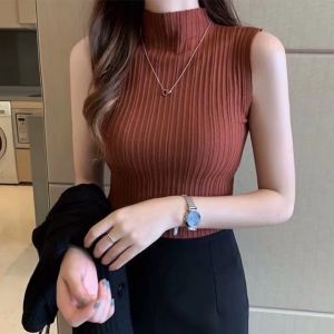 Korean Womens Top Turtleneck Sleeveless Knitted Blouse Soft Tela Super Stretchable Fit To XL