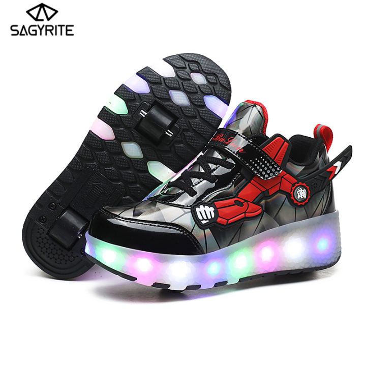 SAGYRITE Sneakers for Kids Size 27-40 USB Recharge LED Glowing Shoes  Children Two Wheels Luminous Glowing Sneakers Led Light Roller Skate Shoes  Kids