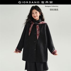 GIORDANO Women Coats Detachable Plaid Hood Scarf Stand Collar Coats Mid-Length Fashionable Casual Loose Coats 18376710