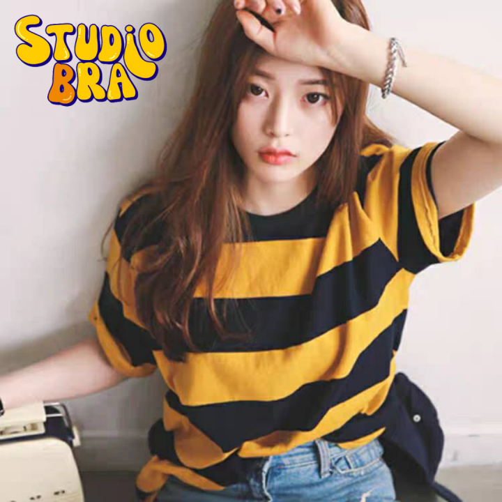 𝙎𝙩𝙪𝙙𝙞𝙤 𝘽𝙧𝙖 - เสื้อยืด คอกลม แขนสั้น ลายทาง สีดำเหลือง สไตล์เกาหลี (รหัส ...