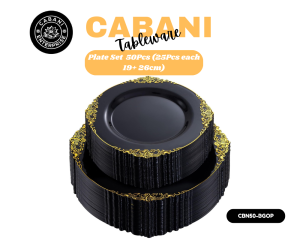 Plastic Black Gold Ornaments Plates Set 50PGO 50 Pcs/ Box Disposable Plastik Piring Sekali Guna Pinggan Mangkuk Cawan & Piring Set