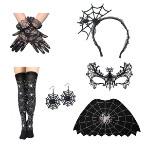 Halloween Spiders Costume Accessory Spiders Web Poncho Web Earring Headband Gloves Stocking Cosplay Halloween Costume