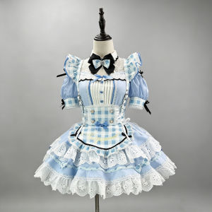 Japanese Style Anime Sweet Girls Cute Cosplay Plaid Blue Maid Outfits Womens Short Sleeve Lolita Top and Skirt Apron Costumes h2609
