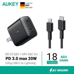 Combo Sạc Nhanh Siêu Nhỏ Aukey PA-F1S Power Delivery 20W - Cáp Sạc Nhanh USB-C to Lightning Aukey CB-CL2 2M - Hàng Chính Hãng - Bảo Hành 18 Tháng
