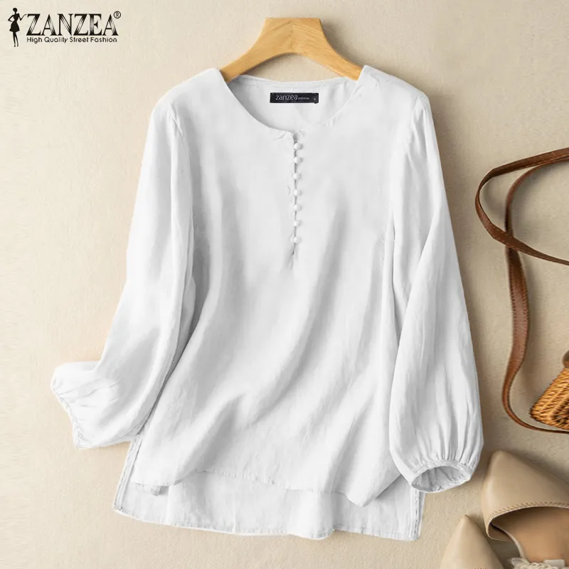 MOMONACO ZANZEA Women Blouse Long Sleeve Cotton Line Solid Round