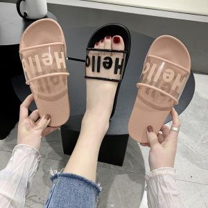 IDEALIFESHOES SENDAL SANDAL SLOP TULISAN HELLO PINK DAN HITAM SEPATU WANITA ABG SENDEL SELOP CEWEK IMPORT
