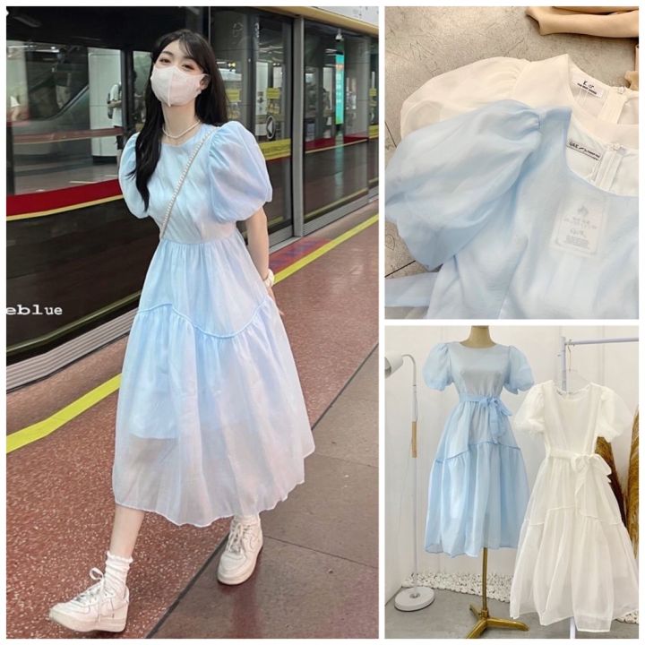 SẴN/VIDEO] Đầm công chúa cộc tay váy trắng xanh voan tơ hai màu xinh nhẹ  nhàng tiểu thư | Lazada.vn