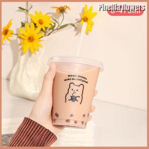 【Pinellia flowers】 Kawaii Water Bottle For Coffee Juice Milk Tea Cute Plastic Cold Cups With Straw Lid Portable Reusable Drinking Bottle BPA Free