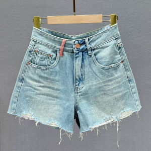 พร้อมส่ง แฟชั่นกางเกงยีนส์ขาสั้นเอวสูง ทรงสวยเข้า รูป ปลายรุ่ยขาดขาเล็กน้อย ผ้ายีนส์แท้ สั้นสวมใส่สบาย 🌷🌈