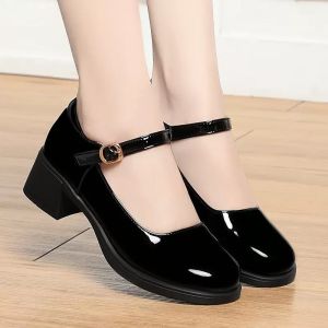 Free Shipping Patent Leather WomenS Shoes Spring New Collection Chunky Heel Shallow Toe Soft Sole Versatile Round-Toe Mom Shoes