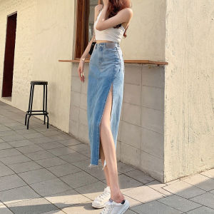 กระโปรงยีนส์เอวสูง   กลางยาวแยก  กระโปรงยีนส์ผู้หญิง  สไตล์ฮ่องกงวินเทจ   สะโพกบางกระโปรง