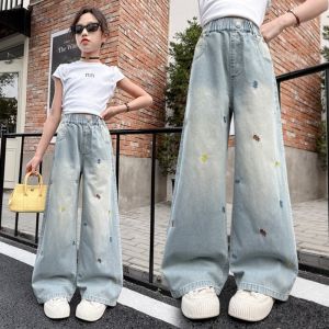 [Manila Delivery] Jeans For Kids Girls 6-15yrs Denim Pants Maong Pants Wide-Leg Jeans Baggy Soft Comfortable Breathable Trousers Embroidered Frog Pattern Design Korean Style Loose Straight Leg Pants