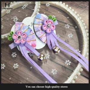 Hayating Japanese Kimono Fabric Flower Folding Fan Children Hair Accessories Clip Tassel Headwear Headdress Barrette