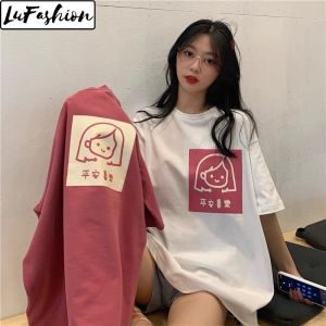 LuFashion Womens Summer Korean Loose Wild Print Round Neck Short Sleeve T-shirt